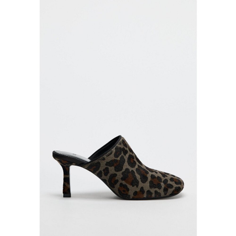 Zara 100% Leather Mules Animal Leopard Print Square Toe 2.8in Heel Sz 7.5 Summer - Picture 6 of 11
